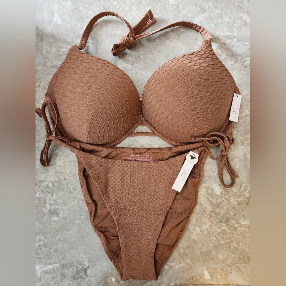 38DD/L VS Swim Bombshell PushUp Bikini Top Side Tie Cheeky Bikini Set Fishnet - Picture 2 of 12